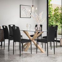 More4Homes Etta Glass Dining Table & Chairs - Glass Top w Solid Oak Legs + Monza Faux Leather Dining Chair Set Of 6 in Black