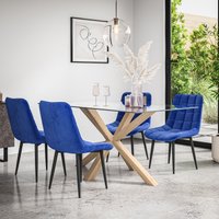 More4Homes Etta Glass Dining Table & Chairs - Glass Top w Solid Oak Legs + Nova Velvet Dining Chair Set Of 4 in Blue
