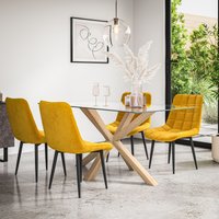 More4Homes Etta Glass Dining Table & Chairs - Glass Top w Solid Oak Legs + Nova Velvet Dining Chair Set Of 6 in Mustard