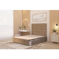 Somnior Chambery Divan Bed Frame 4 Draw with Floor Standing Headboard Velvet in Beige | Size: Small Double