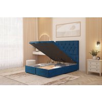 Somnior Ziggy Plush Velvet Ottoman Bed Base with Floor Standing Headboard in Navy | Size: Small Double