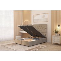 Somnior Ziggy Plush Velvet Ottoman Bed Base with Floor Standing Headboard in Beige | Size: Small Double