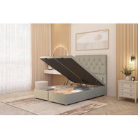 Somnior Ziggy Linen Fabric Ottoman Bed Base with Floor Standing Headboard in Beige | Size: Single