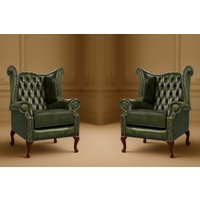 Somnior 2 Leather Chesterfield Wingback Scrolled Arm Chair Set UK Manufactured in Dark Green | Size: 1 Seater