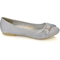 XY London Women's 'Gabriela' Flat Ruched Diamante Sparkly Brooch Classic Wedding Bridal Ballerina Pumps in Silver | Size: 8