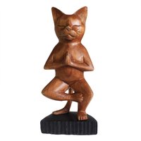 KDMD Handcarved Yoga Cats - One Leg in Brown