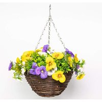 Artificial Pansy Flowers Rattan Hanging Basket Decoration Yellow Purple & 25cm