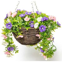 Artificial Petunia Flowers Rattan Hanging Basket Decoration Pink Purple & 25cm