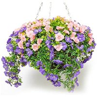 Primrose Large Artificial Petunia Flowers Rattan Hanging Basket Decoration Purple & Pink 30cm in Green