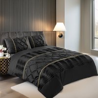 Snug City Duvet Cover & Pillowcase Set Modern Pintuck Border Pleated Bed Linen in Black | Size: Single