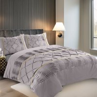 Snug City Duvet Cover & Pillowcase Set Modern Pintuck Border Pleated Bed Linen in Silver | Size: Single