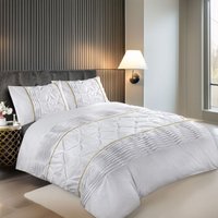 Snug City Duvet Cover & Pillowcase Set Modern Pintuck Border Pleated Bed Linen in White | Size: Super King