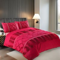 Snug City Duvet Cover & Pillowcase Set Modern Pintuck Border Pleated Bed Linen in Red | Size: Super King