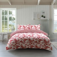 Snug City Duvet Cover & Pillowcase Set Reversible Leaf & Stripe Design Polycotton Bed Linen in Red | Size: Super King