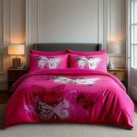 Snug City Duvet Cover & Pillowcase Set Printed Butterfly Design Bed Linen in Pink | Size: Super King