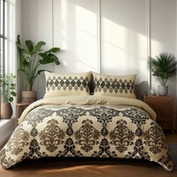 Snug City Duvet Cover & Pillowcase Set Stripe & Floral Polycotton Bed Linen in Beige | Size: Super King