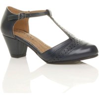 AJVANI Women's Mid Heel Comfort T-Bar Brogue Heels in Navy | Size: 9