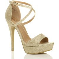 High Heel Crossed Straps Platform Glitter Mesh 2 Part Heels