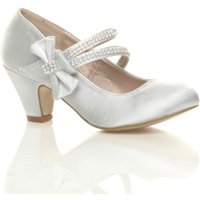 AJVANI Women's Mid Block Heel Bow Satin Mary Janes in Silver | Size: 1
