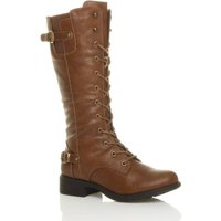 AJVANI Women's Lace Up Calf Military Biker Boots in Tan | Size: 5
