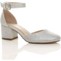 AJVANI Women's Mid Block Heel Ankle Strap 2 Part Heels in Silver | Size: 7