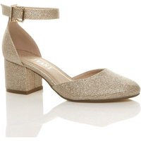AJVANI Women's Mid Block Heel Ankle Strap 2 Part Heels in Gold | Size: 4