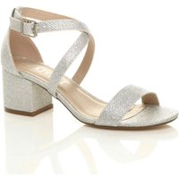 AJVANI Women's Mid Block Heel Crossed Straps Sandals in Silver | Size: 6