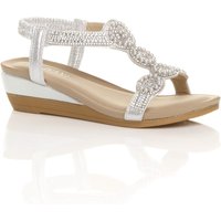 AJVANI Women's Mid Wedge Heel Diamante Slingback Sandals Wedges in Silver | Size: 8