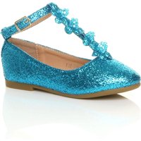 AJVANI Women's Flat Heel T-Bar Glitter Ballet Pumps in Blue | Size: 3