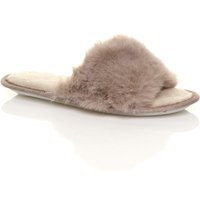 AJVANI Women's Flat Heel Fluffy Peep Toe Slippers in Taupe | Size: XL