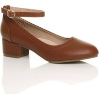 AJVANI Women's Low Block Heel Ankle Strap Court Shoes in Tan | Size: 6
