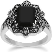 Art Deco Style Baguette Onyx & Marcasite Ring 925 Sterling Silver K