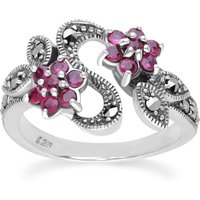 Art Nouveau Style Round Ruby & Marcasite Flower Ring 925 Sterling N