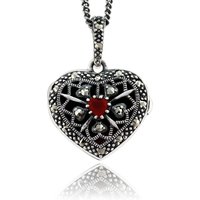 Gemondo Women's Art Nouveau Style Heart Cornelian & Marcasite Locket on Chain in 925 Sterling Silver | Size: 18 inches