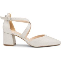 Paradox London Women's Shimmer 'Farrah' Wide Fit Mid Block Heel Cross Strap Court Shoe in Silver | Size: 3E