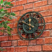 mysmartbuy Vintage Open Face Indoor or Outdoor Clock - Battery Powered Wall Fence Skeleton Clock with Cog & Wheel Design - 30cm Dia in Green