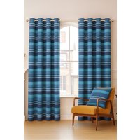 Homescapes Cotton Morocco Striped Curtain Pair in Blue | Size: 167 cm width x 183 cm drop