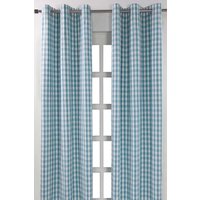 Homescapes Cotton Block Check Gingham Eyelet Curtain Pair in Blue | Size: 140 cm width x 183 cm drop