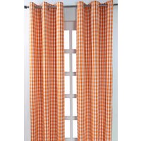 Homescapes Cotton Block Check Gingham Eyelet Curtain Pair in Orange | Size: 140 cm width x 183 cm drop