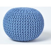Homescapes Round Cotton Knitted Pouffe Footstool in Blue