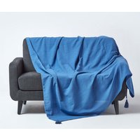 Homescapes Cotton Rajput Ribbed Throw in Blue | Size: 150 cm x 200 cm