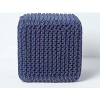 Homescapes Cube Cotton Knitted Pouffe Footstool in Navy
