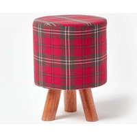 Homescapes Tartan Fabric Footstool with Wooden Legs in Red