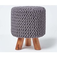 Homescapes Tall Cotton Knitted Footstool on Legs in Grey