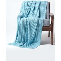 Homescapes Cotton Cable Knit Throw Soft & Cosy Vintage Blanket in Blue | Size: 150 cm x 200 cm