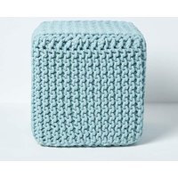 Cube Cotton Knitted Pouffe Footstool Duck Egg