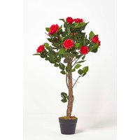 Homescapes Potted Rose Tree Artificial Plant with lifelike green leaves, 90 cm in Red