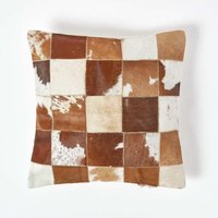 & Cream Real Leather & Goat Hair Small Check Cushion Feather Filling cm x 45 cm