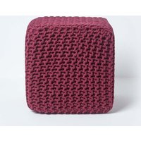 Homescapes Cube Cotton Knitted Pouffe Footstool in Plum