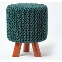 Homescapes Tall Cotton Knitted Footstool on Legs in Dark Green